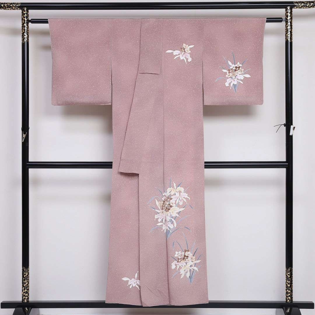 訪問着 袷 身丈152cm 裄丈63cm 正絹 Sランク 一つ紋 (左三階松) セミフォーマル 広衿 Sサイズ 金彩 水仙 ピンク系 PO 1217-04433