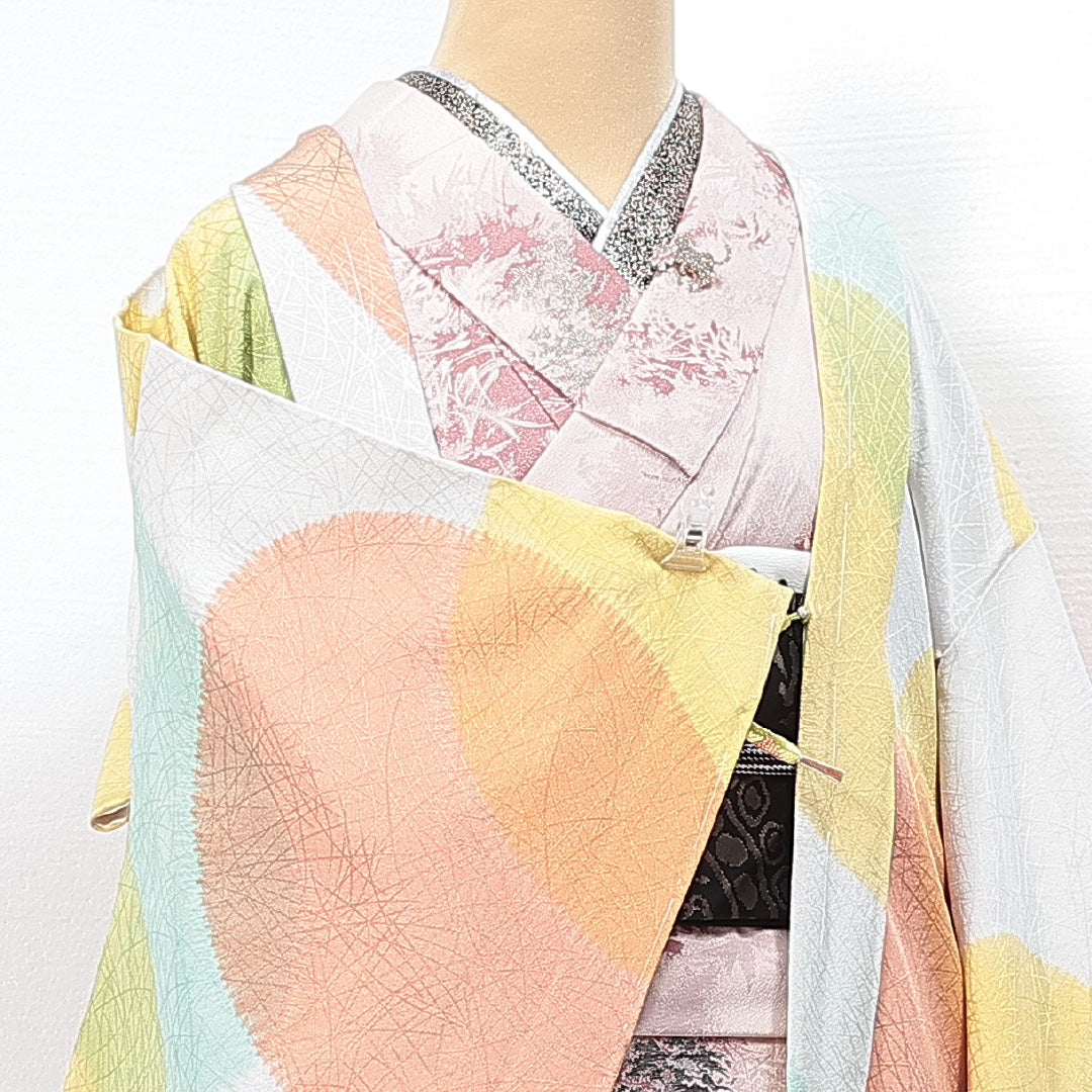 未使用品 羽織 袷 身丈82cm 裄丈64cm 正絹 Nランク カジュアル Mサイズ 紐あり しつけ糸 抽象柄 白系 RP 1232-14702