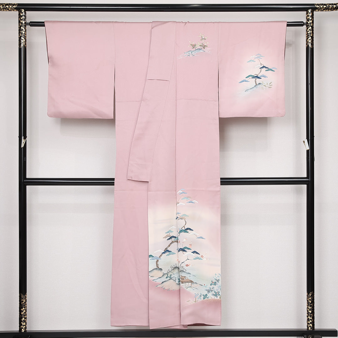 訪問着 袷 身丈149cm 裄丈64cm 正絹 Bランク セミフォーマル 広衿 XSサイズ 加賀友禅 茶屋辻 ピンク系 RP 1217-13127