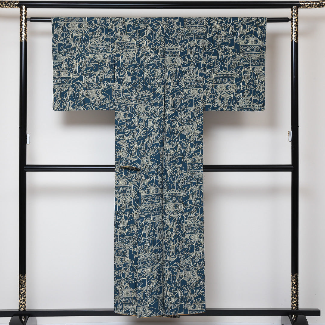 小紋 袷 身丈152cm 裄63.5cm 青系 オリエンタル 正絹 Sランク 1215-01477-2217