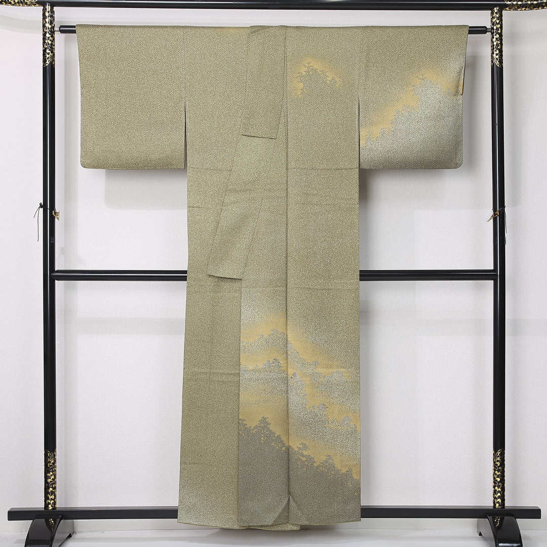 訪問着 袷 身丈153cm 裄丈65cm 正絹 Sランク 一つ紋 セミフォーマル 広衿 Sサイズ 作家物 落款 遠山 緑系 RP 1217-12437