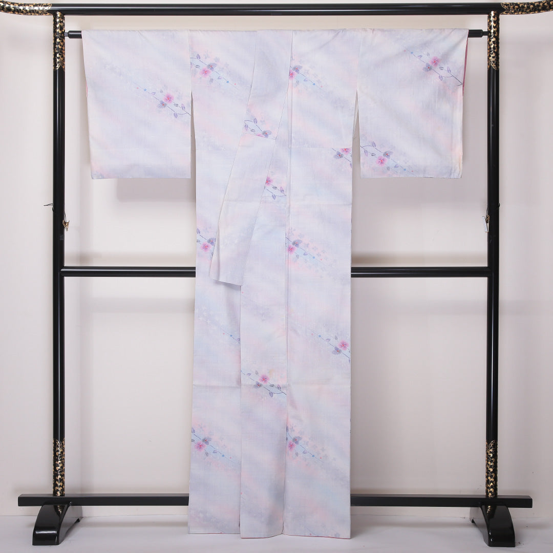 紬 袷 身丈163cm 裄66cm 正絹 花柄 ぼかし 白系 Cランク 1216-01122