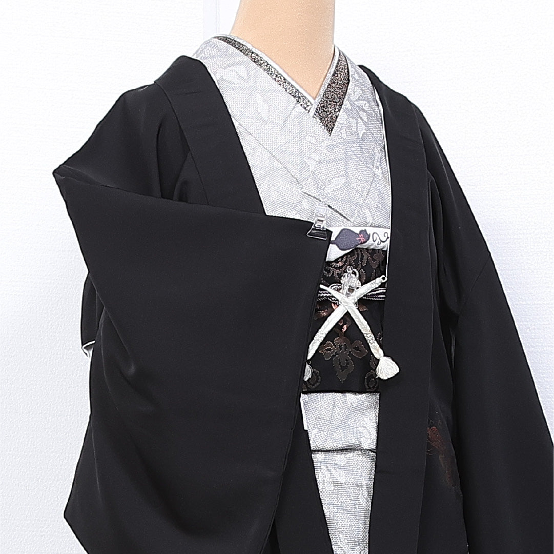 黒羽織 袷 身丈79cm 裄丈64cm 正絹 Aランク インフォーマル Mサイズ 金彩 紐あり 扇 牡丹 黒系 M4 1233-11128