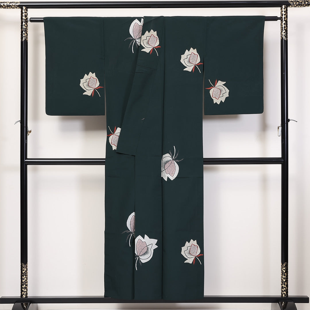 アンティーク お召 夏紬 身丈152cm 裄63cm 正絹 緑系 Bランク 1216-01282