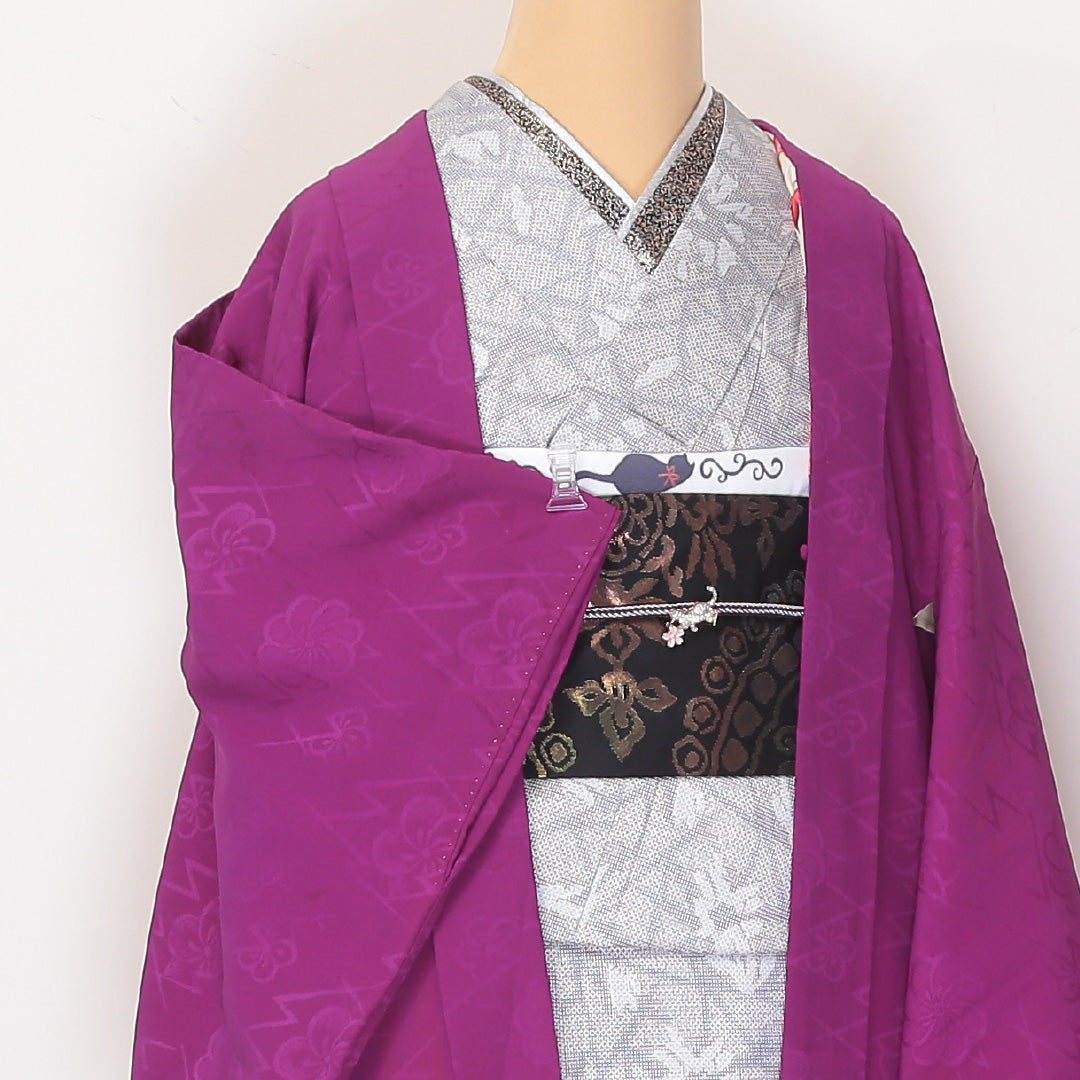 アンティーク 羽織(錦紗) 袷 身丈95cm 裄丈64cm 正絹 Cランク Mサイズ 紋意匠 松皮菱に梅 紫系 1217-06131
