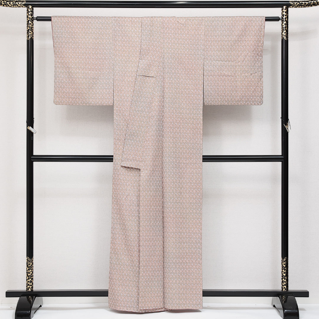 洗える着物 小紋 袷 身丈159cm 裄丈63cm ポリエステル Sランク インフォーマル 広衿 Mサイズ 植物柄 ベージュ系 RP 1221-14306