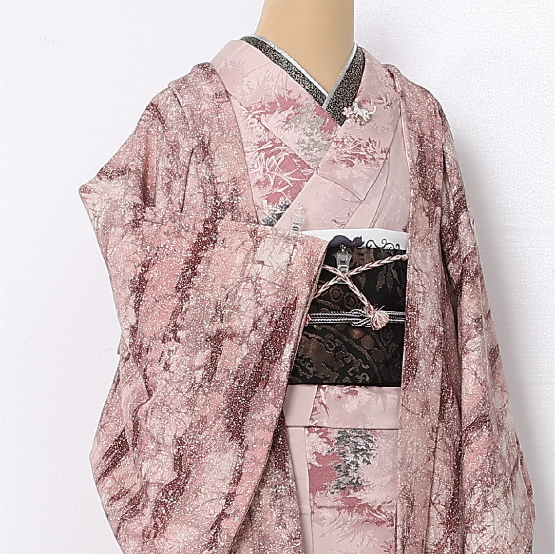 羽織 袷 身丈75cm 裄丈63cm 正絹 Sランク カジュアル Sサイズ たたき染め 紐あり 花柄 ピンク系 RP 1232-12865