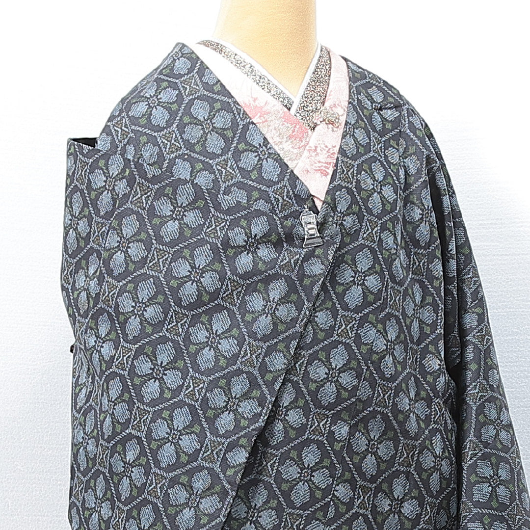 道中着 袷 身丈79cm 裄丈66cm 正絹 Sランク カジュアル Mサイズ 蜀江 花菱 紺系 RP 1236-14663