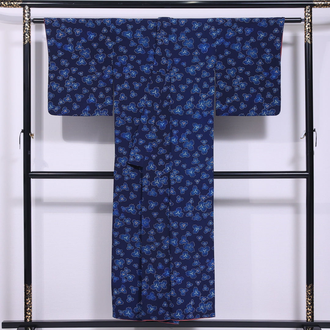 小紋 袷 身丈149cm 裄丈65cm 正絹 Cランク インフォーマル バチ衿 XSサイズ 花柄 紺系 HP 1221-11798