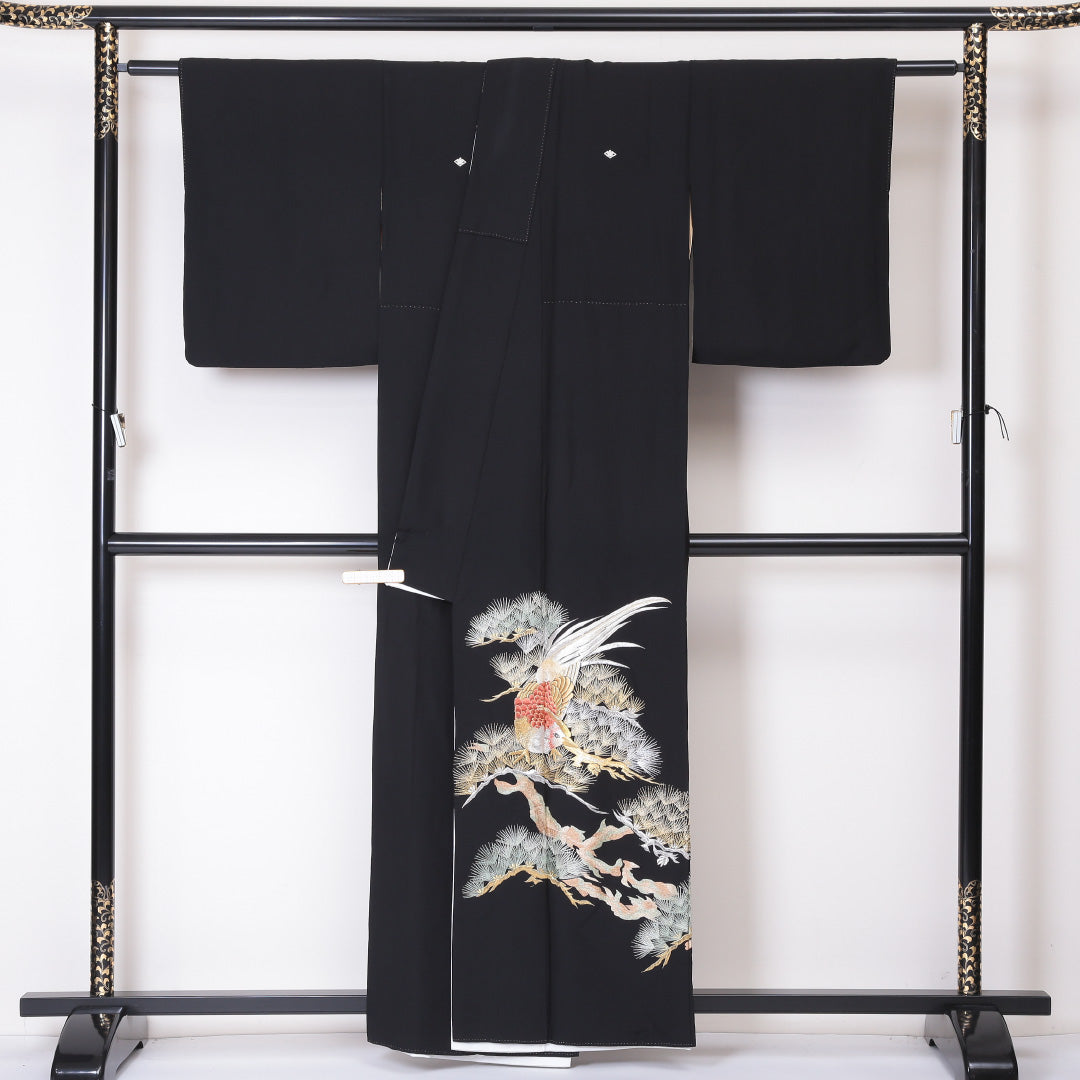 黒留袖 身丈158cm 裄丈63cm 袷 五つ紋 正絹 Aランク 広衿 比翼仕立て 橘菱 松 鴛鴦 1211-F0206