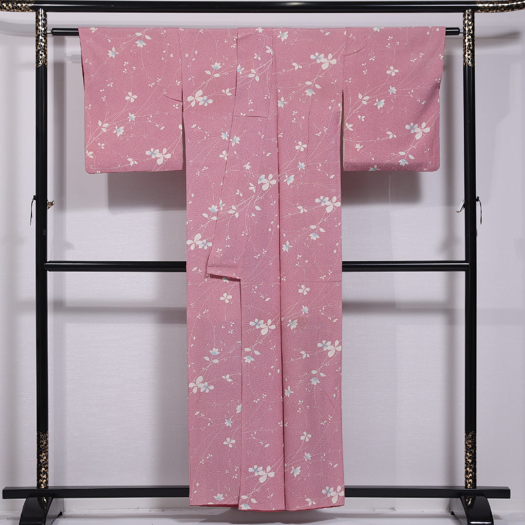 小紋 袷 身丈155cm 裄丈64cm 正絹 Cランク インフォーマル 広衿 Mサイズ 花柄 ピンク系 LP 1221-11431