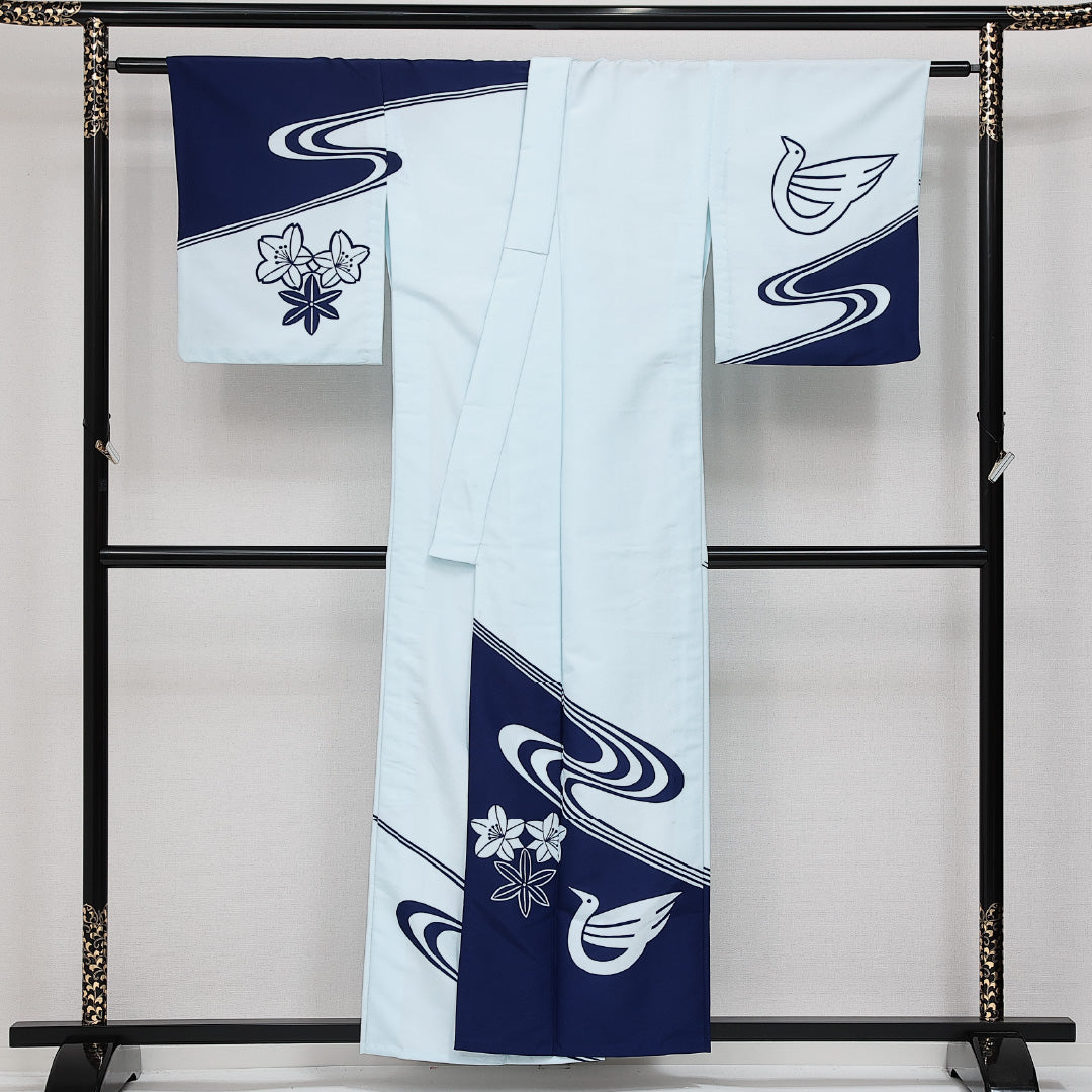 訪問着 単衣 洗える着物 身丈155cm 裄丈64cm Sランク ポリエステル 広衿 Mサイズ セミフォーマル 鳥 流水 ポップ 鮮やか 水色系 青系 1212-14246
