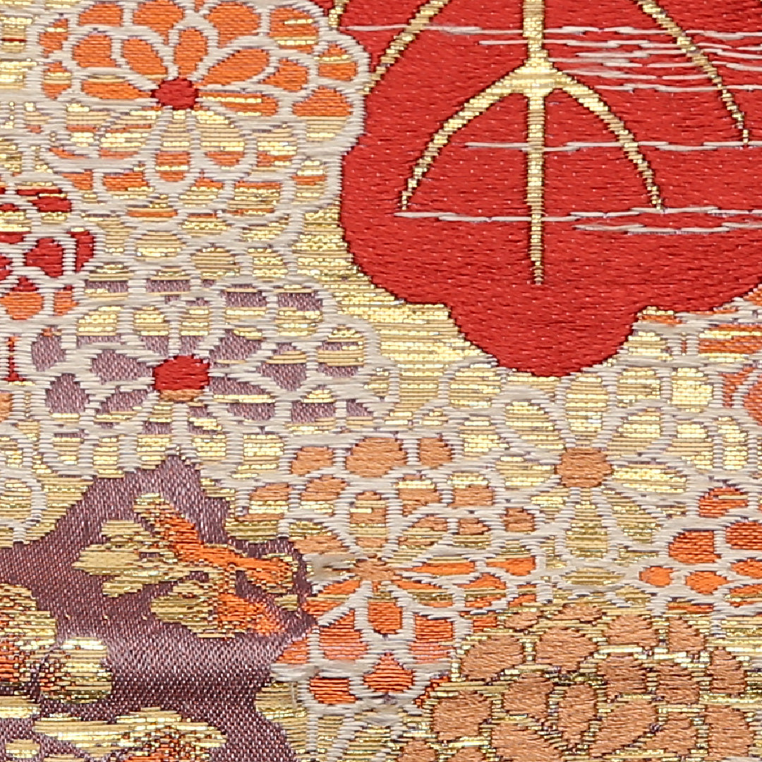 アンティーク 九寸名古屋帯 Cランク 帯丈354cm 正絹 六通 名古屋仕立て 織り 菊 桐 紅葉 金系 RP 1245-01436