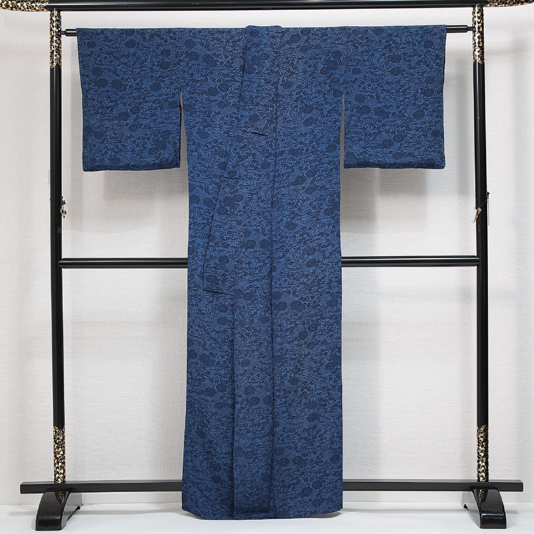 小紋 洗える着物 単衣 身丈160cm 裄丈64cm ポリエステル Cランク Lサイズ 広衿 インフォーマル 古典柄 青系 1215-14803