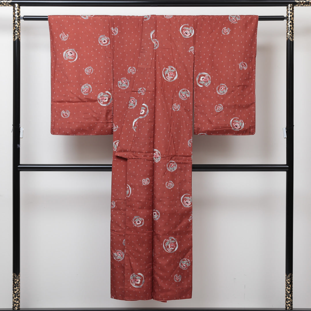 アンティーク 小紋 袷 身丈145cm 裄丈62cm 正絹 Bランク バチ衿 XSサイズ 花柄 朱系 RP 1221-01334