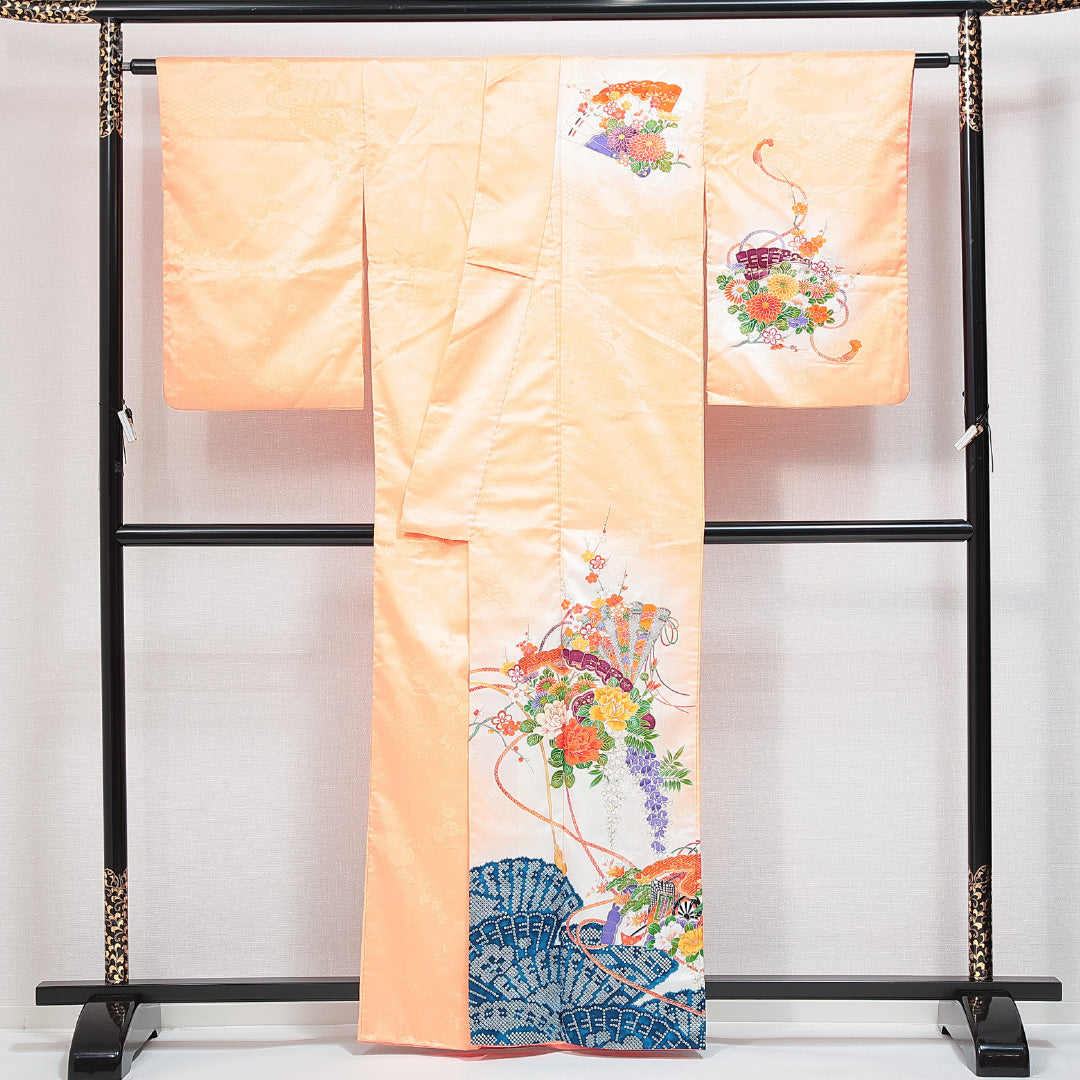 訪問着 袷 身丈161cm 裄丈65cm 正絹 Aランク Lサイズ 広衿 セミフォーマル 扇 牡丹 クリーム系 朱系 1212-14768
