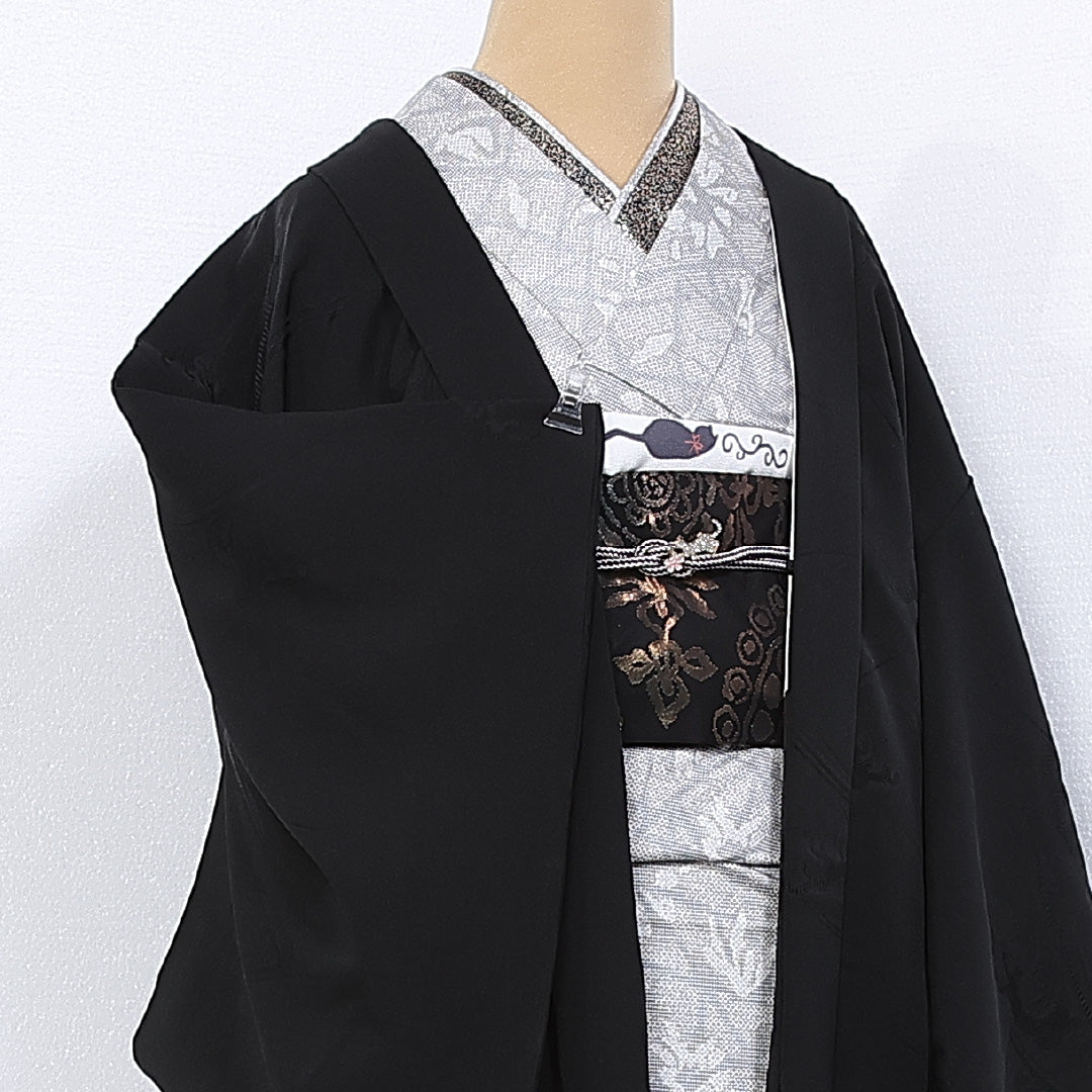 羽織 身丈81cm 裄丈64cm M 正絹 Aランク 袷 一つ紋 四ツ目菱 黒羽織 1217-10612