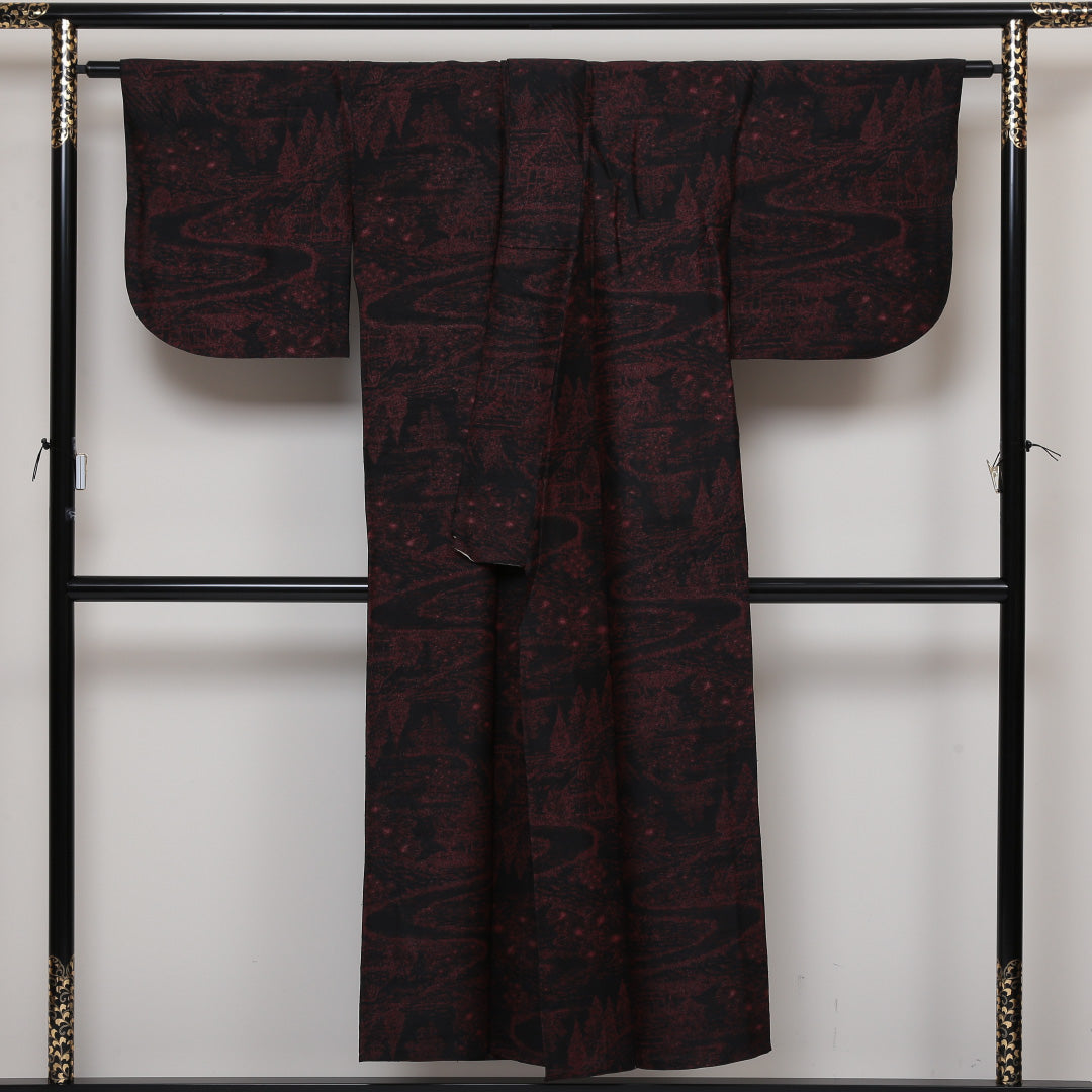 夏物 小紋 紗 身丈148cm 裄丈64cm 正絹 Sランク インフォーマル 広衿 XSサイズ 茶屋辻 黒系 RP 1221-01380