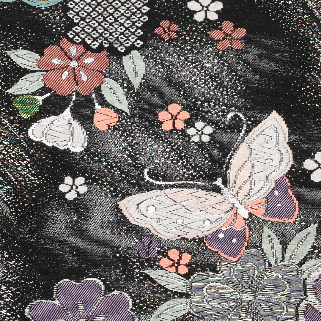 袋帯 帯丈432cm Sランク 六通 正絹 桜 蝶 黒系 蝶 1223-01370