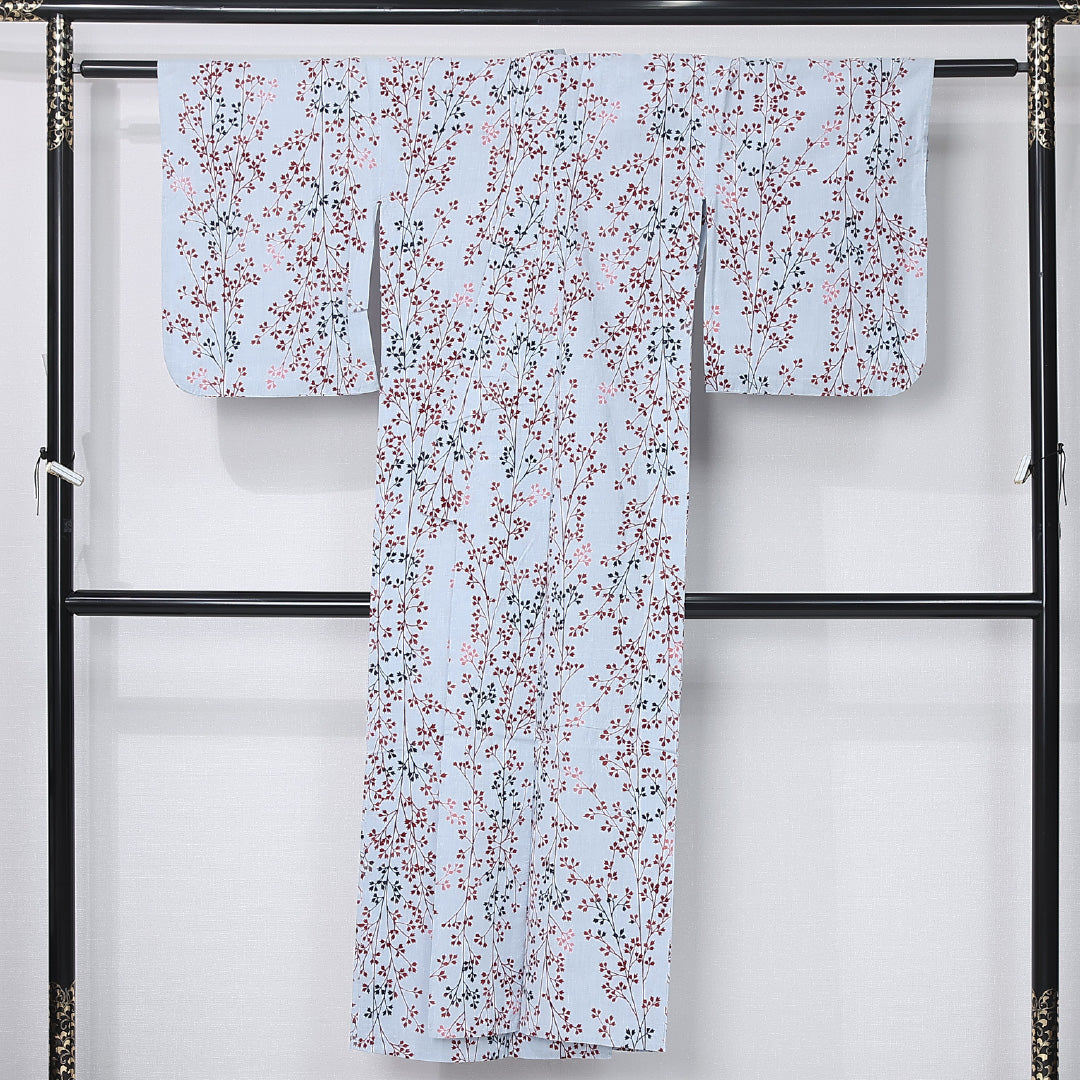 浴衣 身丈142cm 裄丈61cm Cランク XS 木綿 洗える着物 単衣 バチ衿 樹木 カジュアル 水色系 1218-12291