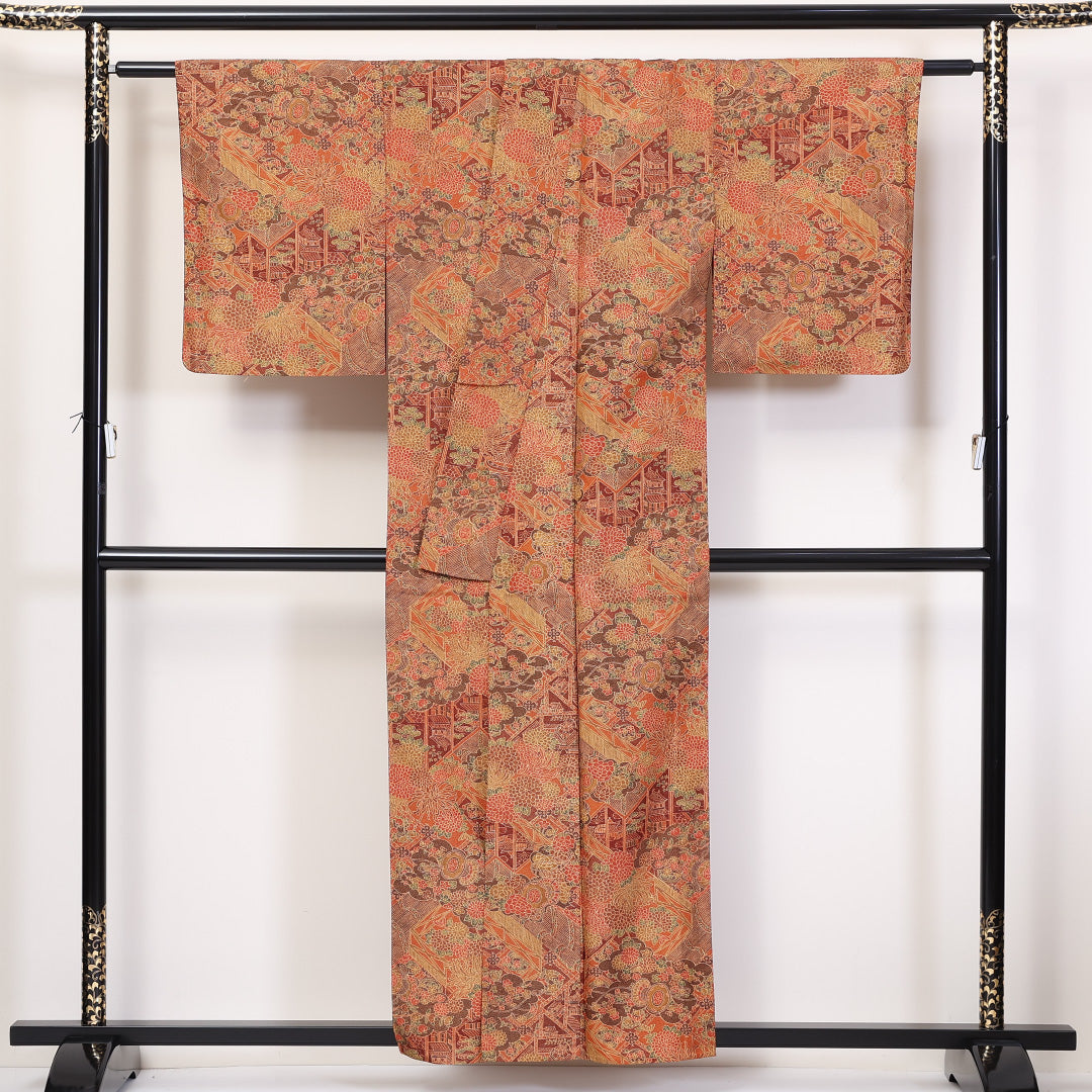 小紋 洗える着物 単衣 身丈155cm 裄丈62cm ポリエステル Sランク Mサイズ 広衿 インフォーマル 御所解 朱系 1215-02289