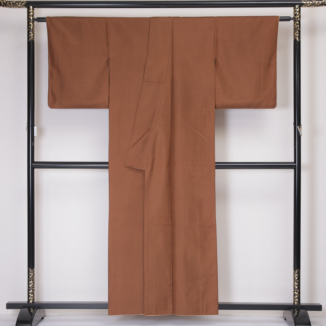 アンサンブル お召 袷 身丈156cm 裄丈64cm 正絹 Aランク インフォーマル 広衿 Mサイズ 色無地 紐あり 無地 茶系 PO 1222-03403