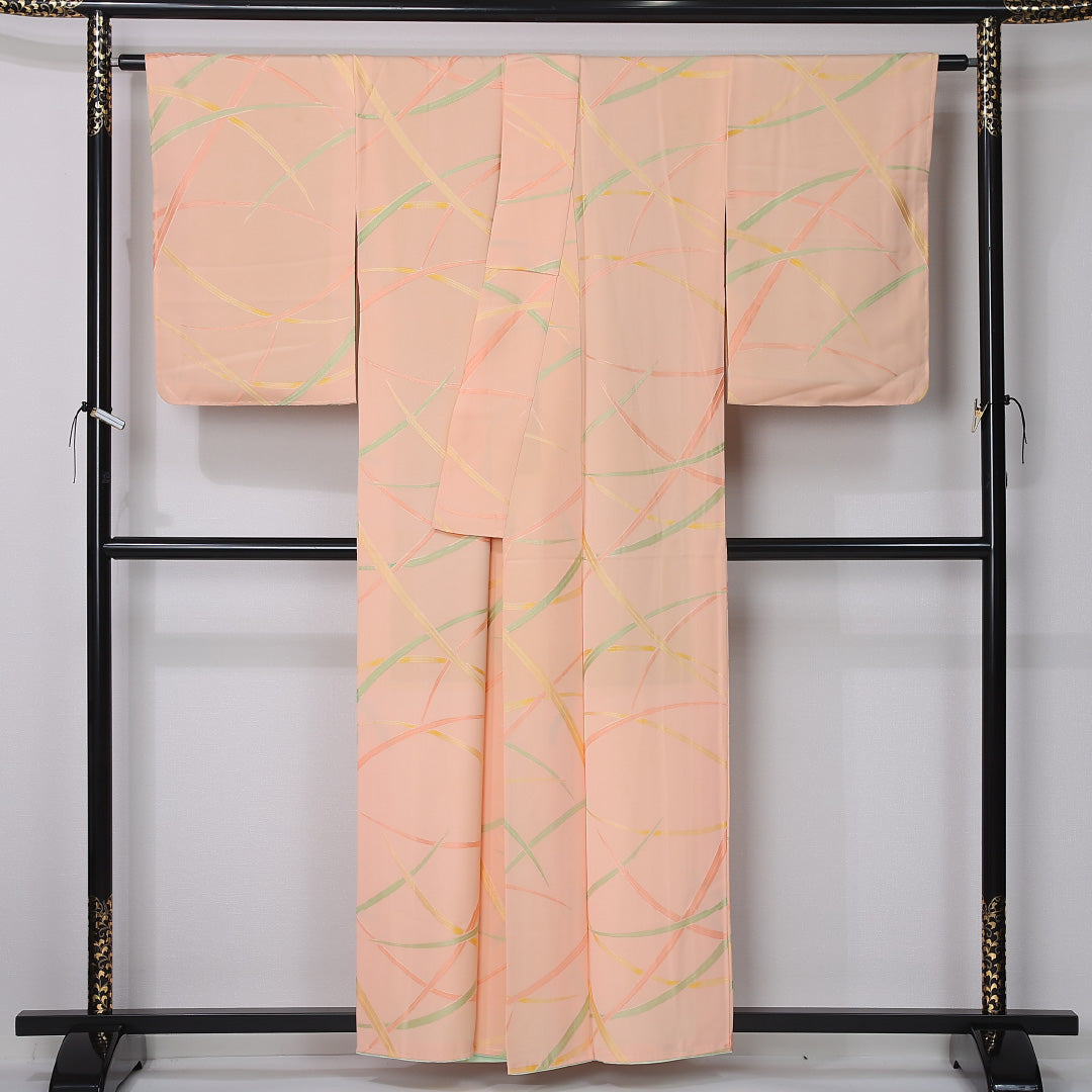 小紋 袷 身丈157cm 裄丈63cm 正絹 Aランク インフォーマル 広衿 Mサイズ 芝草 ピンク系 HP 1221-12380