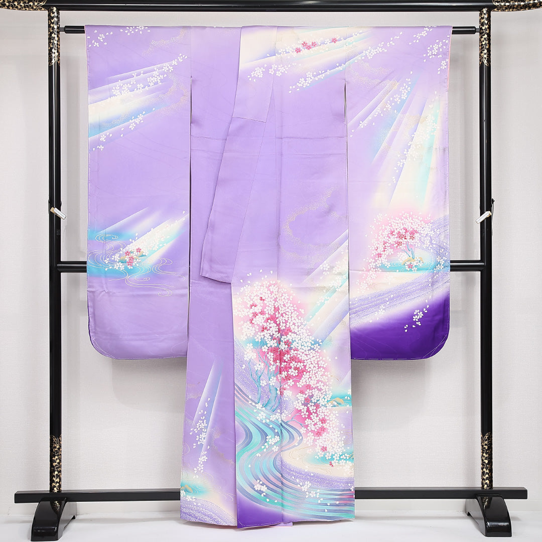 振袖 身丈161cm 裄丈65cm Bランク 正絹 袷 広衿 L しつけ糸 流水 吉祥文様 桜 フォーマル 紫系 1213-F0527