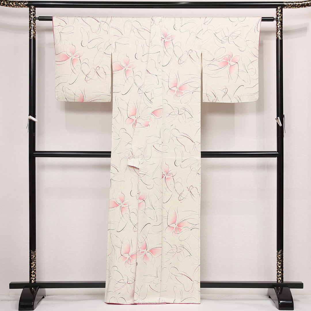 小紋 袷 身丈163cm 裄丈66cm 正絹 Aランク インフォーマル バチ衿 Lサイズ クリーム系 RP 1221-13324