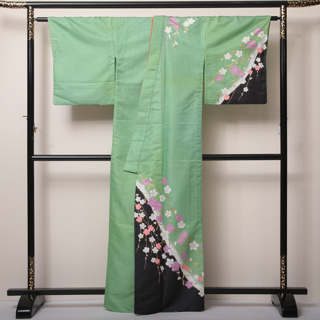 訪問着 単衣 身丈160~164cm 裄70cm ポリエステル 洗える着物 桜や梅 舞台用 緑系 Bランク 1212-00593