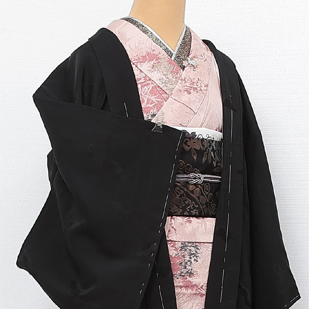 黒羽織 袷 身丈80cm 裄丈63cm 正絹 Aランク 一つ紋 (五三桐) 紋意匠 (雲取) セミフォーマル Sサイズ 黒系 RP 1233-13704