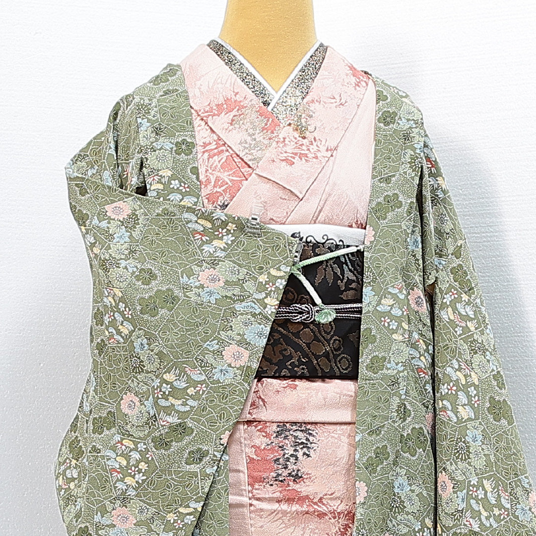 羽織 袷 身丈81cm 裄丈63cm 正絹 Sランク カジュアル Sサイズ 紐あり 松竹梅 緑系 RP 1232-14840