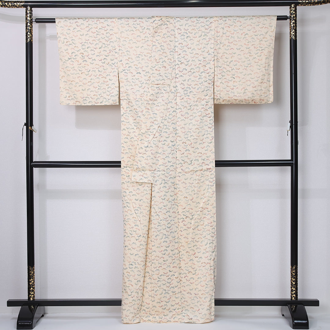 小紋 単衣 身丈160cm 裄丈62cm 正絹 Aランク インフォーマル 広衿 Lサイズ 蝶 クリーム系 HP 1221-12251