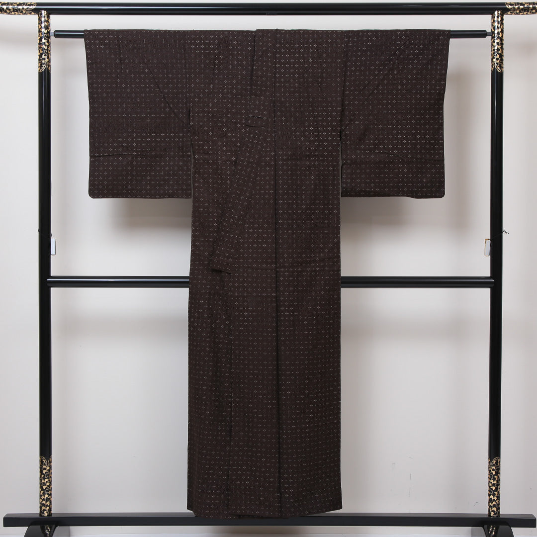 アンティーク 紬 夏物 夏紬 身丈150cm 裄丈62cm 正絹 Cランク Sサイズ バチ衿 十字絣 茶系 1216-02883