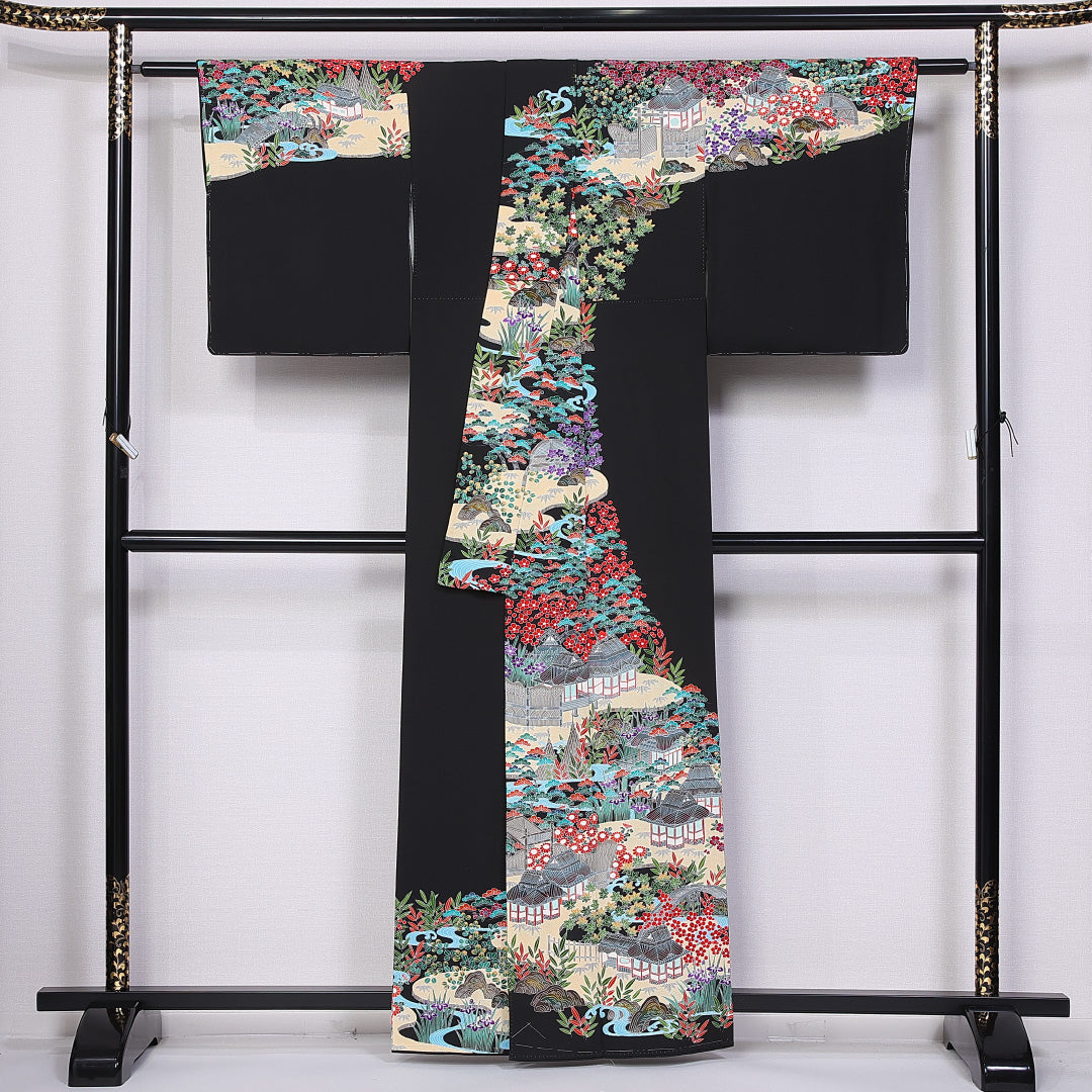 訪問着 袷 身丈160cm 裄丈62cm 正絹 Sランク セミフォーマル 広衿 Lサイズ 加賀友禅 茶屋辻 松竹梅 紅葉 黒系 PO 1217-10848
