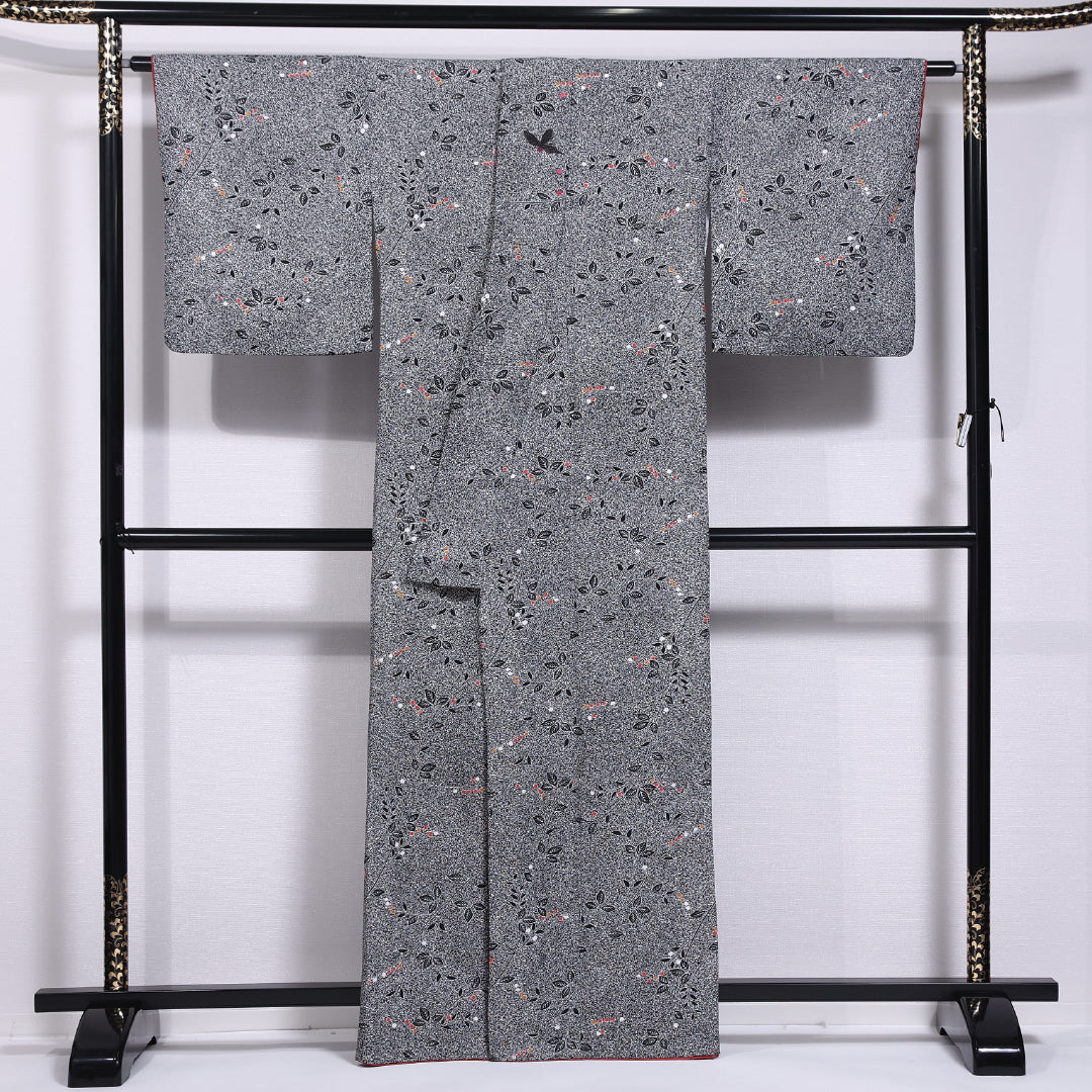 洗える着物 小紋 袷 身丈162cm 裄丈66cm ポリエステル Aランク インフォーマル 広衿 Lサイズ たたき染め 植物柄 黒系 RP 1221-11652