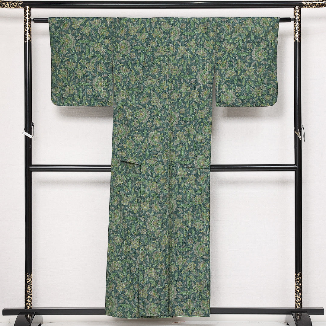アンティーク 紬 袷 身丈148cm 裄丈63cm 正絹 Aランク 広衿 XSサイズ 花柄 緑系 RP 1223-13665