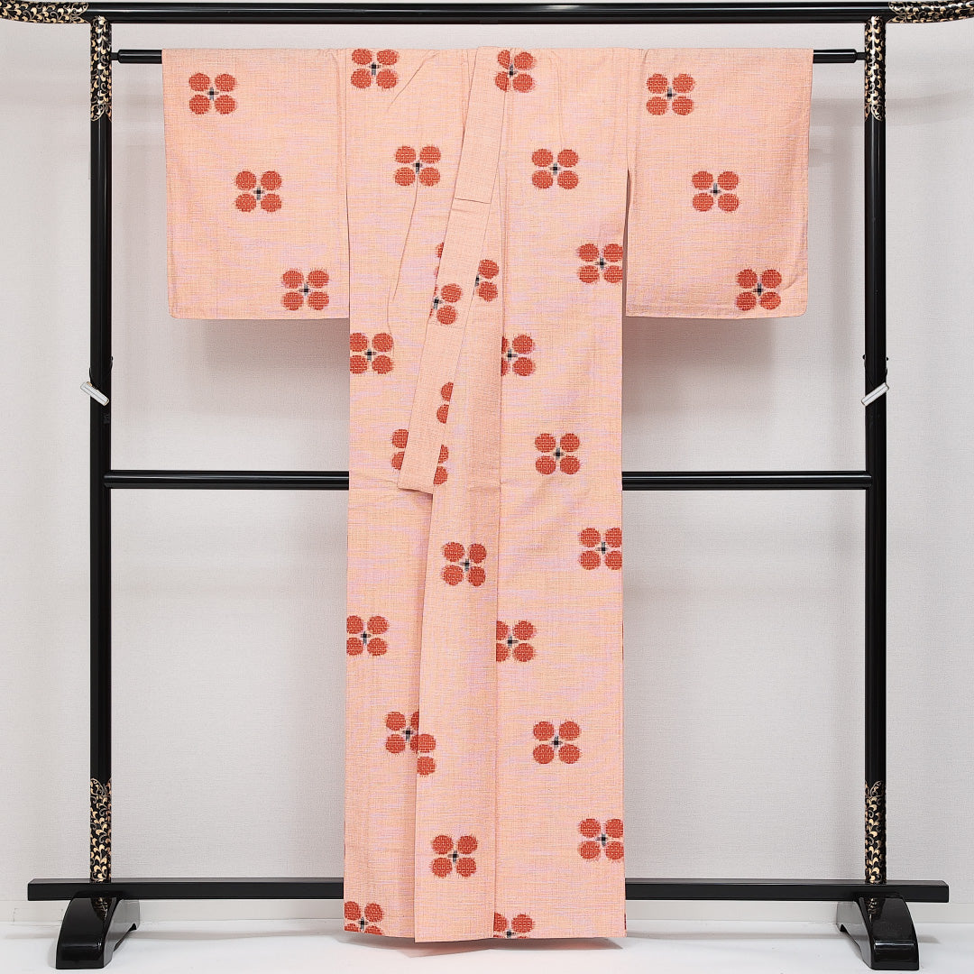 未使用品 真綿紬 単衣 身丈160cm 裄丈62cm 正絹 Sランク カジュアル バチ衿 Lサイズ 居敷当て 肩当て しつけ糸 朱系 RP 1223-14403