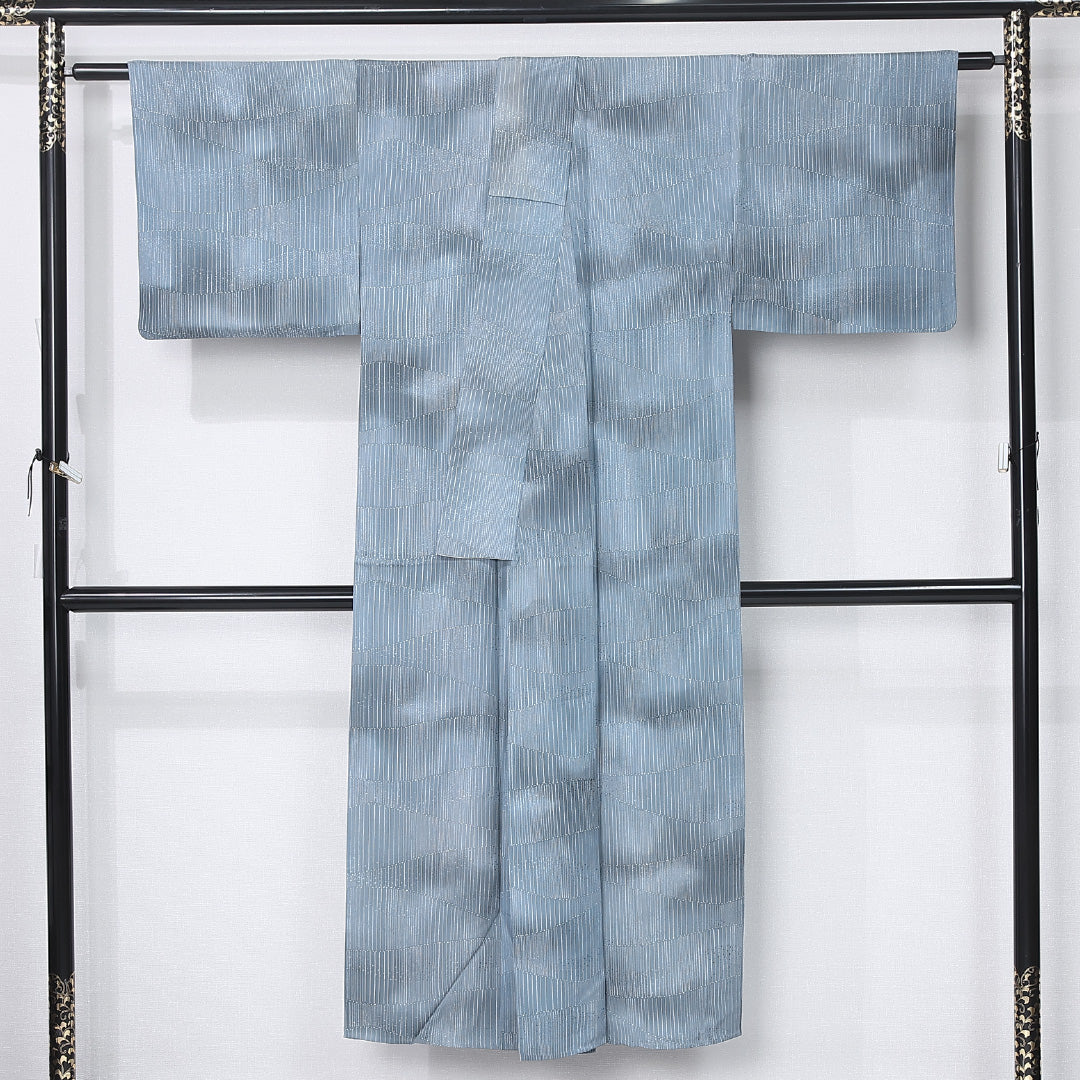 小紋 身丈143cm 裄丈65cm Aランク XS 正絹 単衣 広衿 織り出し 創作 ぼかし カジュアル 水色系 1215-12301
