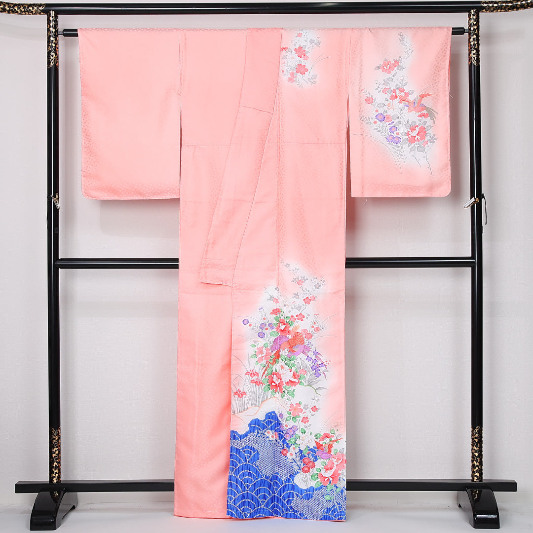 洗える着物 訪問着 袷 身丈161cm 裄丈65cm ポリエステル Sランク セミフォーマル 広衿 Lサイズ 尾長鳥 青海波 牡丹 杜若 ピンク系 RP 1217-12501