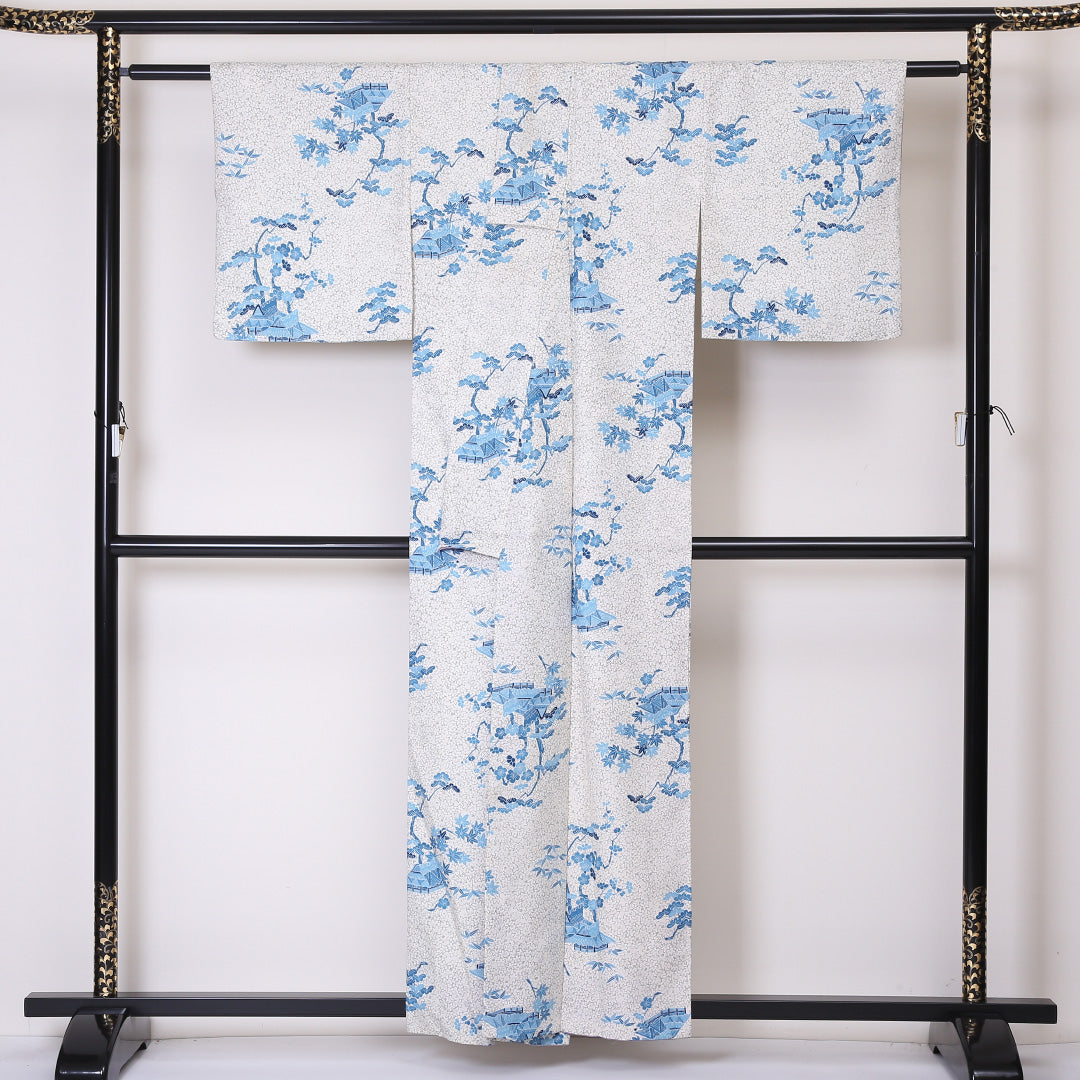 洗える着物 小紋 袷 身丈157cm 裄丈62cm ポリエステル Cランク インフォーマル 広衿 Mサイズ 茶屋辻 梅 松 白系 LP 1221-01979