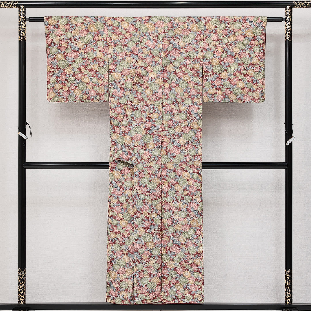 洗える着物 小紋 袷 身丈149cm 裄丈60cm ポリエステル Sランク インフォーマル 広衿 XSサイズ 花柄 赤系 RP 1221-14256