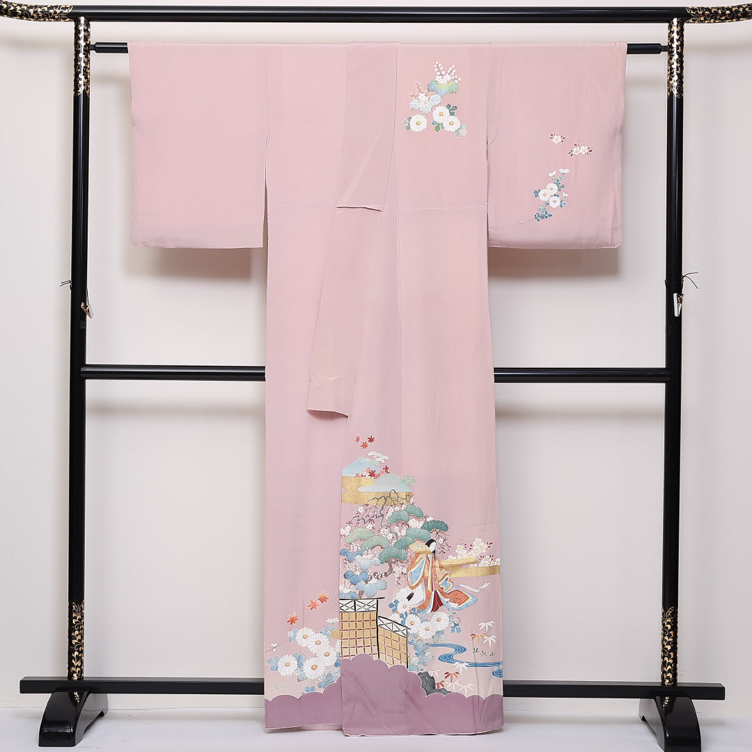 訪問着 袷 身丈162cm 裄63cm 正絹 一つ紋 平安絵巻 松 梅 右二つ巴 Bランク 1212-00694