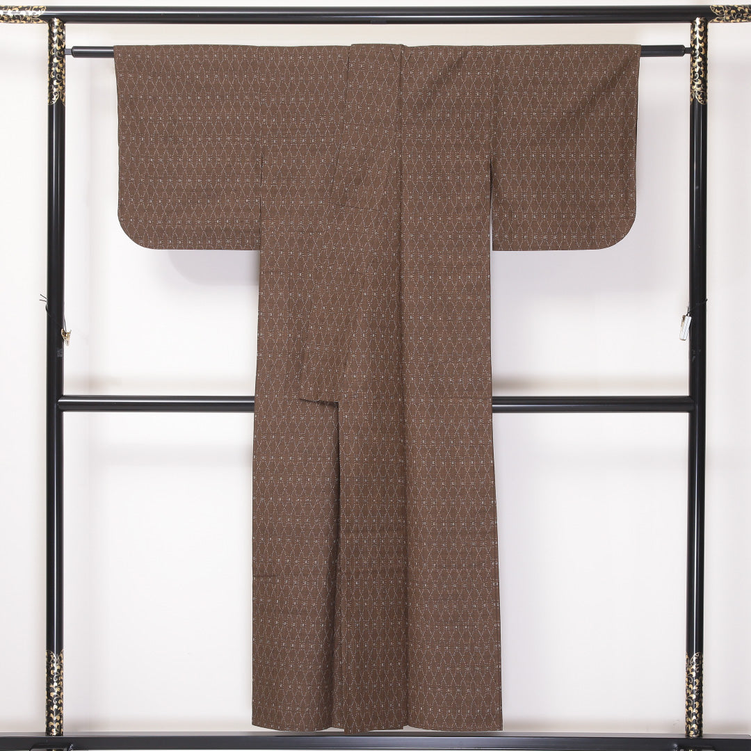 紬 単衣 身丈150cm 裄丈60cm 正絹 Aランク カジュアル 広衿 Sサイズ 居敷当て 立涌 茶系 HP 1223-03627