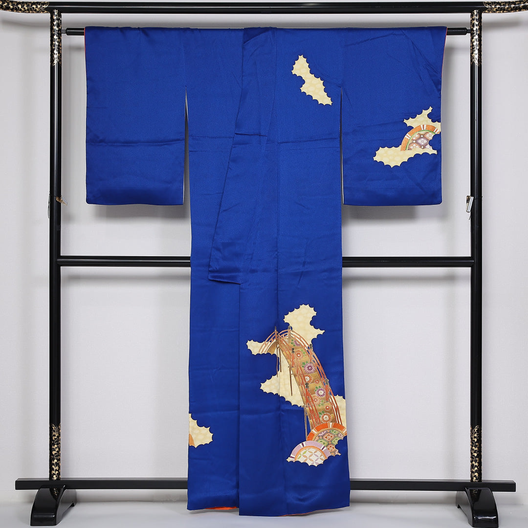 訪問着 袷 身丈161cm 裄丈65cm 正絹 Sランク セミフォーマル 広衿 Lサイズ やまと 橋 吉祥文様 青系 RP 1217-04777