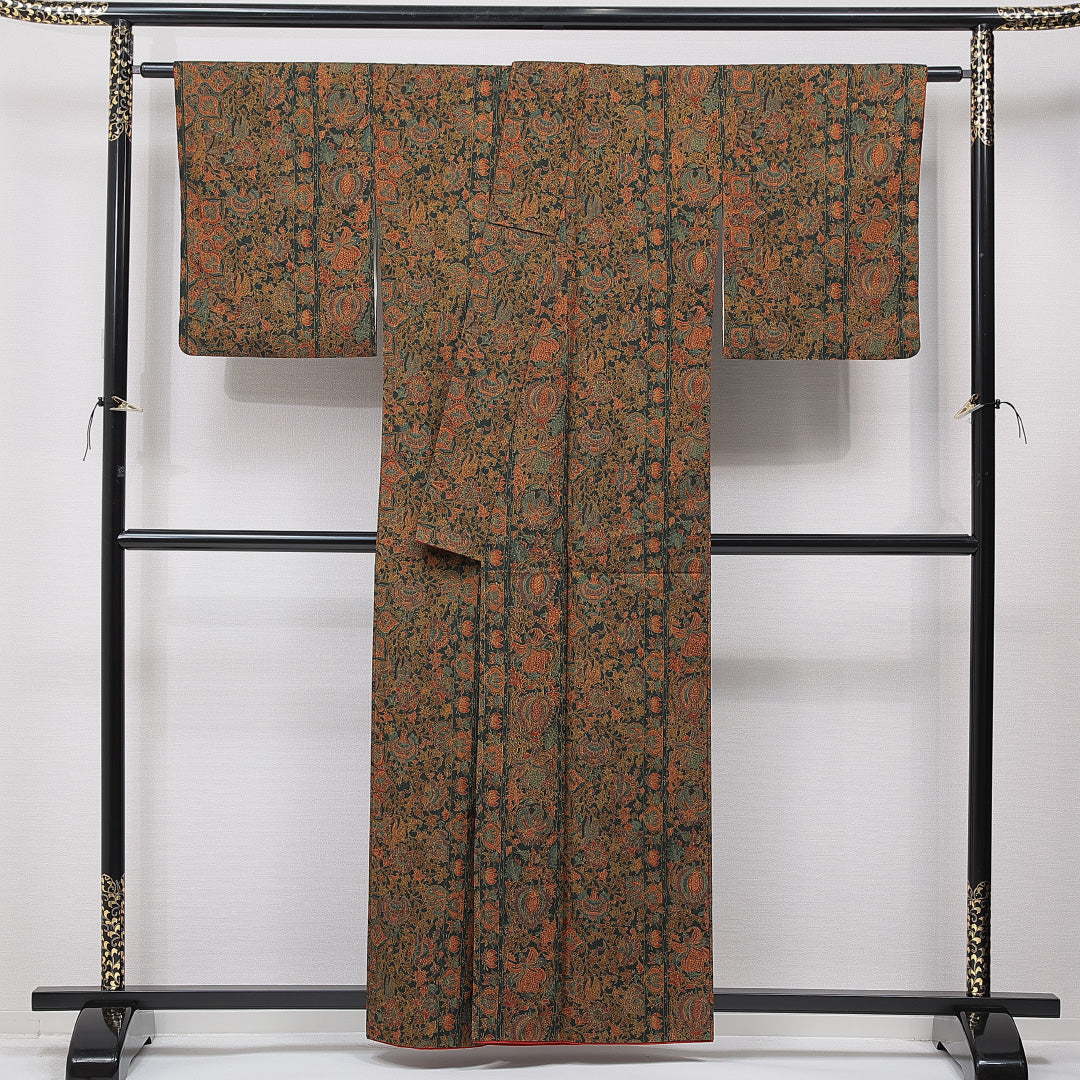 小紋 袷 身丈158cm 裄丈65cm 正絹 Aランク インフォーマル 広衿 Mサイズ 更紗文様 茶系 RP 1221-15621