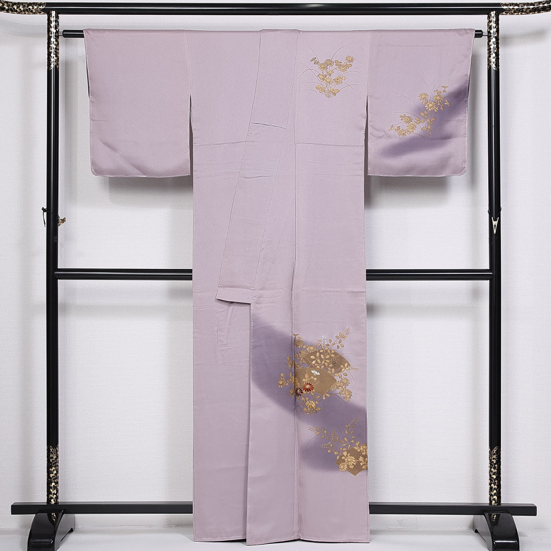 訪問着 身丈161cm 裄丈63.5cm 正絹 Sランク 袷 広衿 金彩 檜扇 菊 萩 刺繍 ぼかし しつけ糸 1212-10387