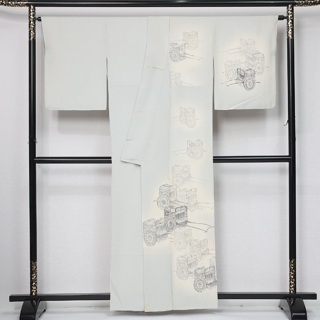 訪問着 袷 身丈158cm 裄丈68cm 正絹 Cランク 一つ紋 (丸に柏) セミフォーマル 広衿 Mサイズ ぼかし染 御所車 白系 LP 1217-11924