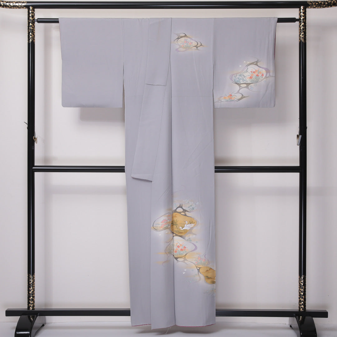 訪問着 袷 身丈158cm 裄丈62cm 正絹 Aランク セミフォーマル 広衿 Mサイズ ぼかし染 鶴 花柄 グレー系 RP 1217-04585