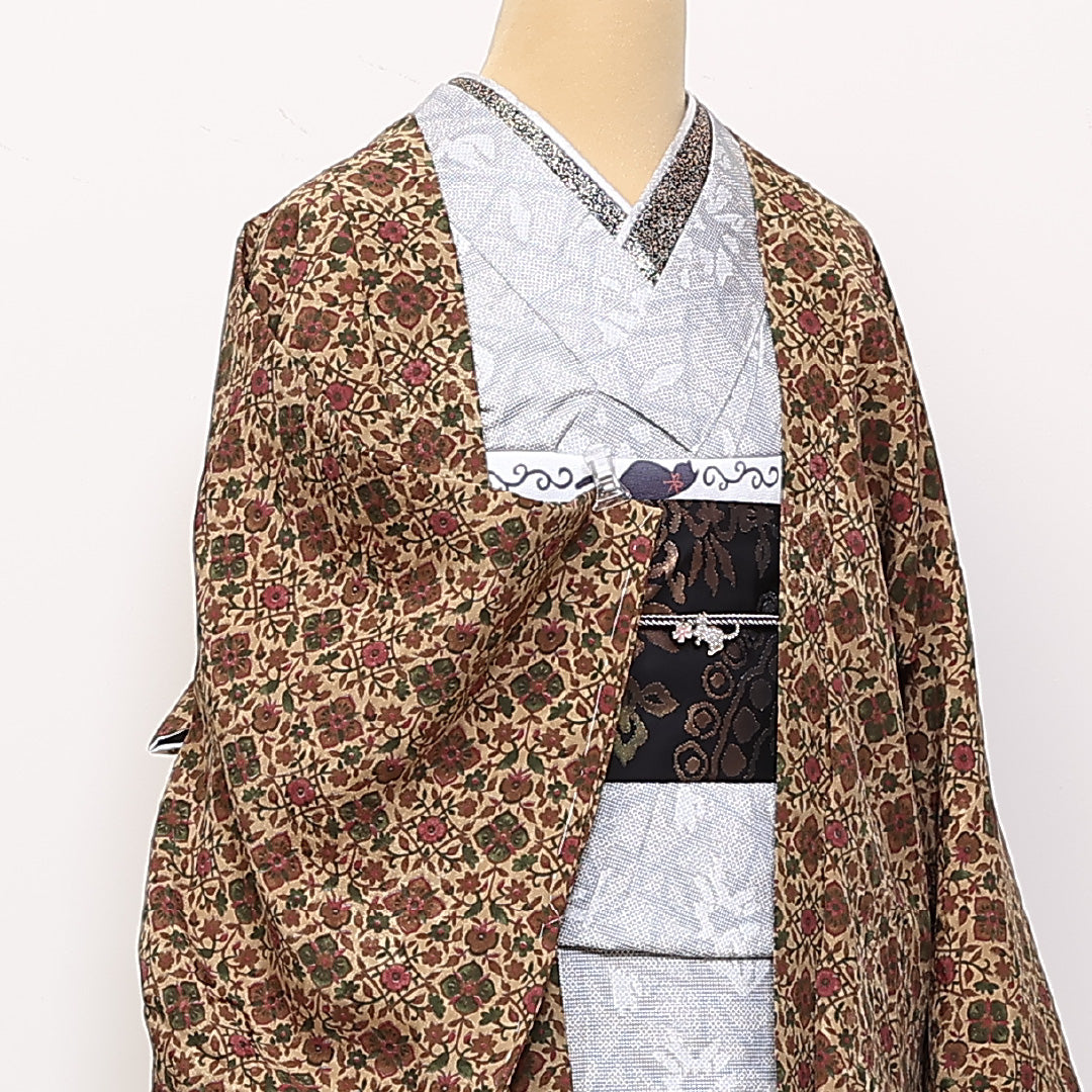 アンティーク 羽織 身丈79cm 裄丈63.5cm S 洗える着物 ポリエステル アラベスク 茶系 Sランク 1217-00885